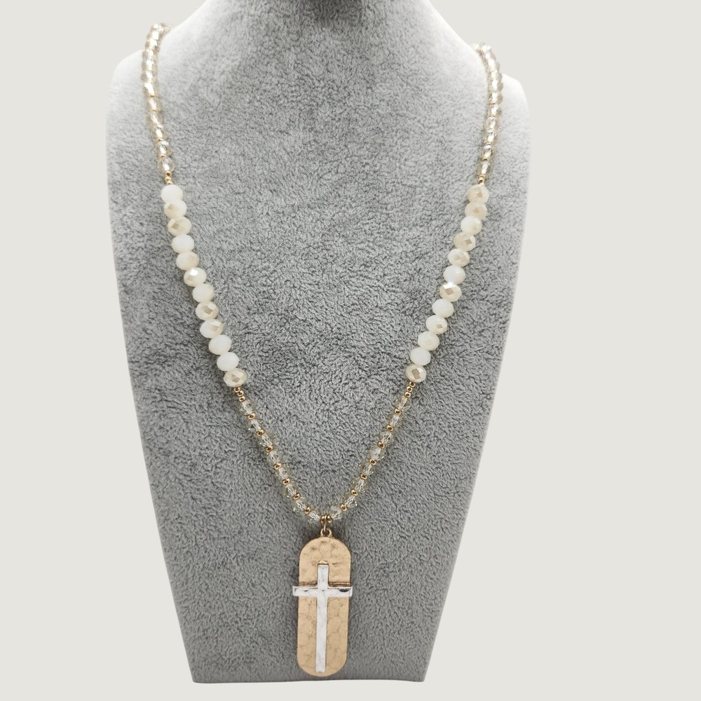 Boho Faceted Glass Beaded Cross Necklace Hammered Pendant Christian Religious‎